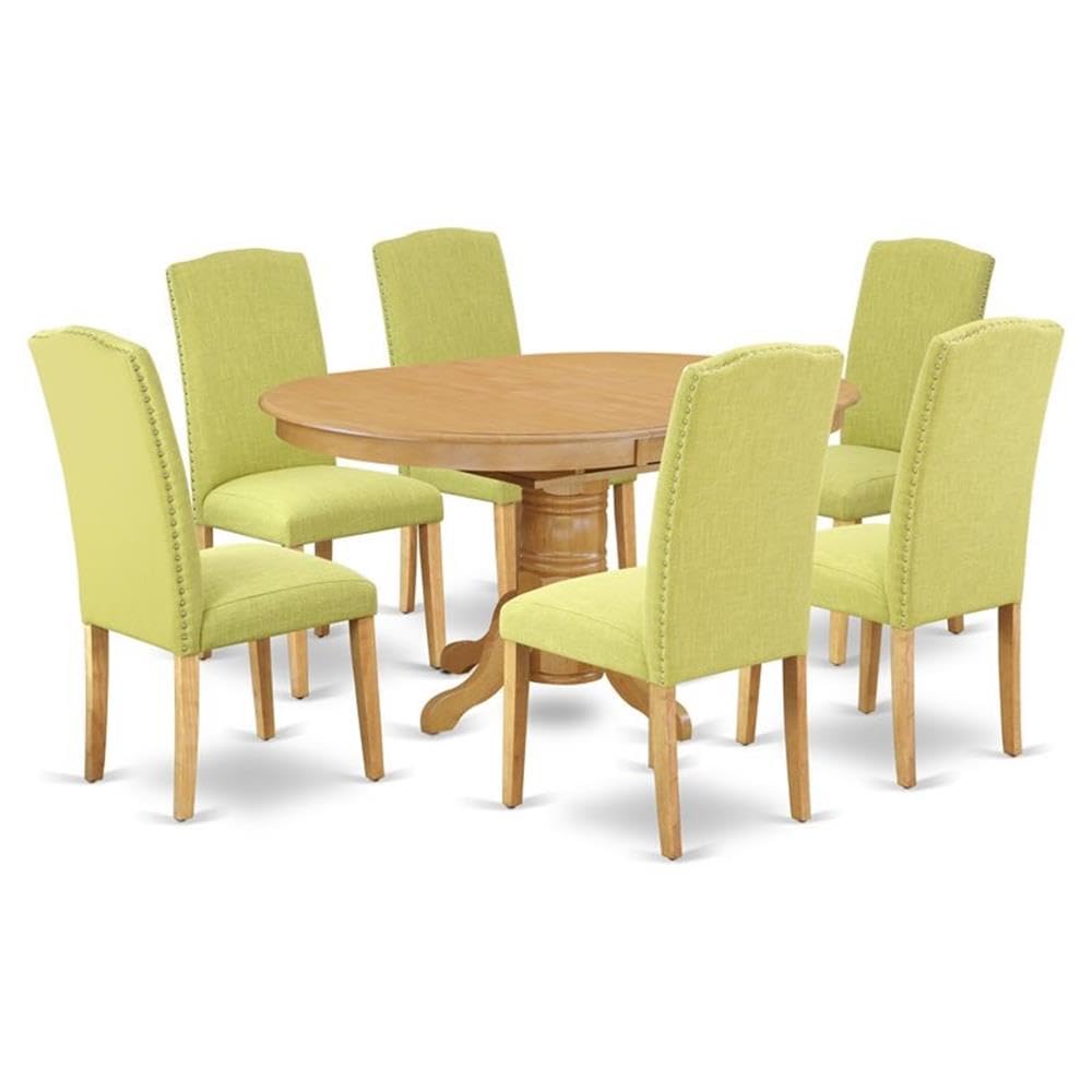 East West Furniture Aven7-Oak-07 7 Piece Dining Room Furniture Set Consist Of An Oval Wooden Table With Butterfly Leaf And 6 Limelight Linen Fabric Parson Chairs, 42X60 Inch, Oak